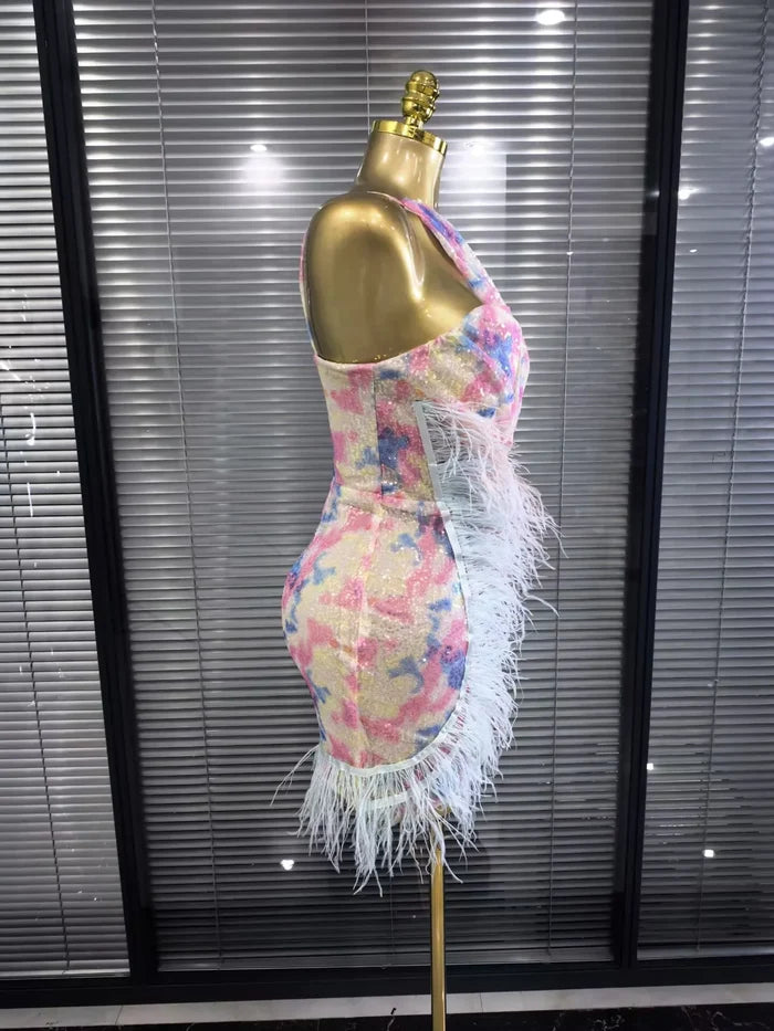 Arabella sequin one-shoulder feather bodycon mini dress with a sparkling finish and glamorous party-ready silhouette