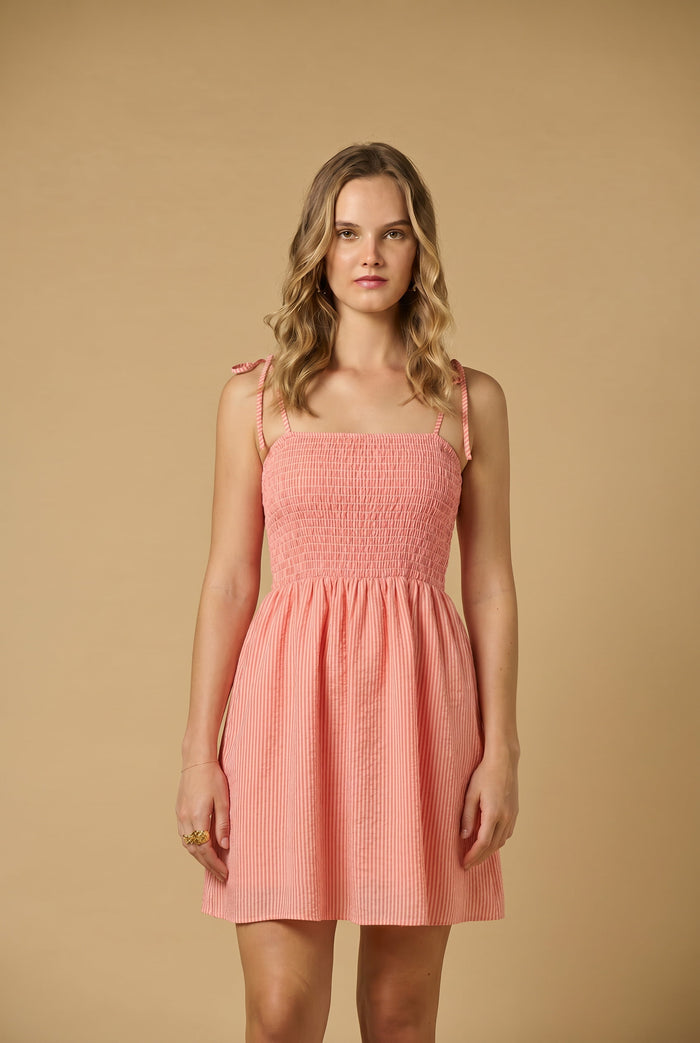 Dresses APOELLA Areti Smocked Strap Mini Dress Striped Peach Pink Apoella