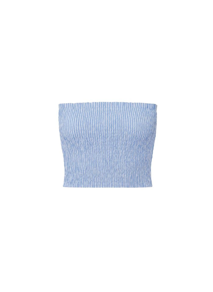 Tops APOELLA Aria Strapless Smocked Top Striped Blue Apoella