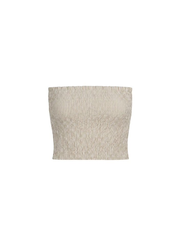 Tops APOELLA Aria Strapless Smocked Top Striped Khaki Apoella