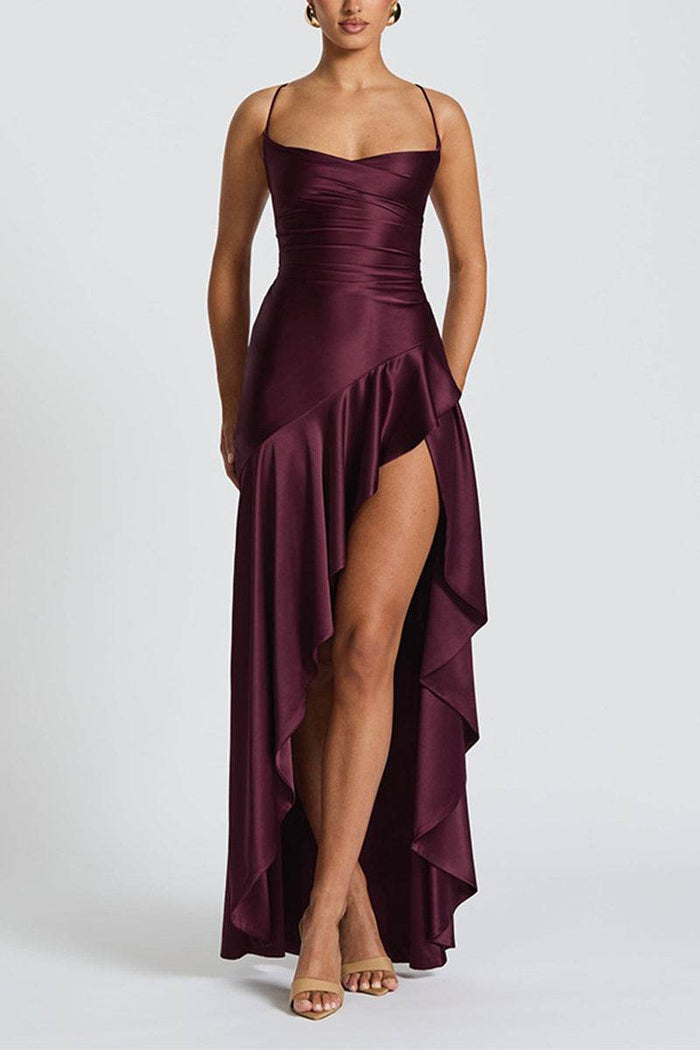 Sheath-Column Asymmetrical High-Low Stretch Satin Wedding Guest Dress with Slit Ruffled Spaghetti Straps Criss Cross Back Formal Evening Dress COCOMELODY 954200659160