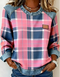 Avery - Pink Checkered Denim Knit Sweater