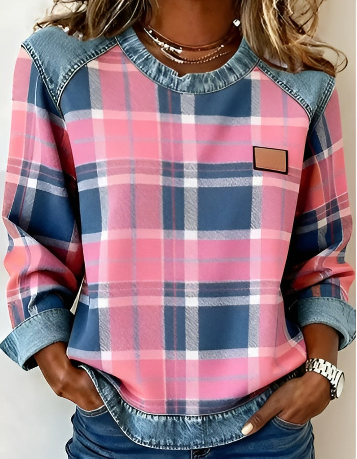 Avery - Pink Checkered Denim Knit Sweater