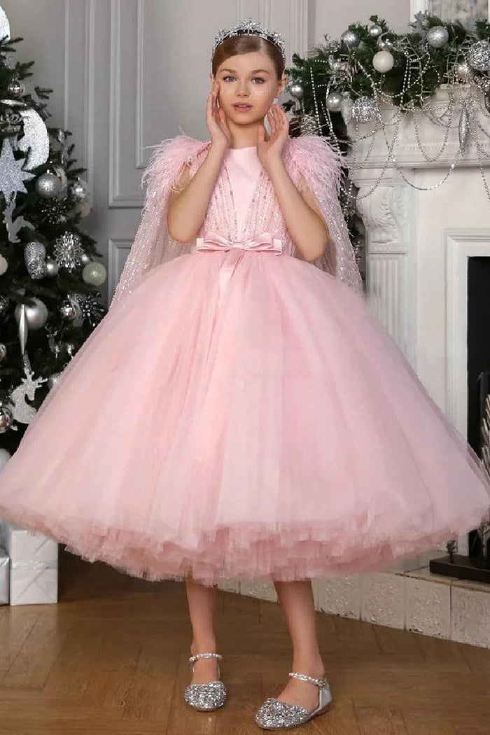 Ball Gown Feather Glitter Tulle Cape Tea Length Flower Girl Dresses 896082942099