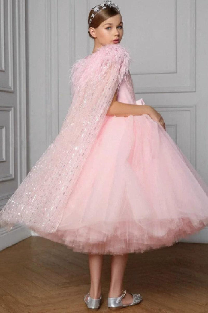 Ball Gown Feather Glitter Tulle Cape Tea Length Flower Girl Dresses 896082942099