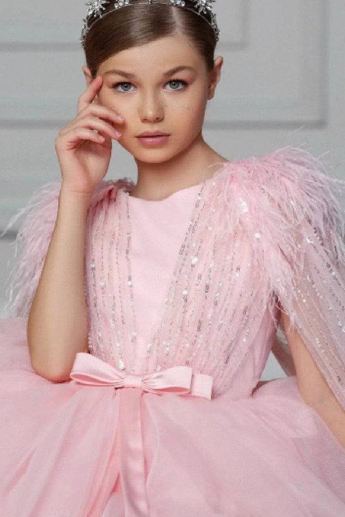 Ball Gown Feather Glitter Tulle Cape Tea Length Flower Girl Dresses 896082942099