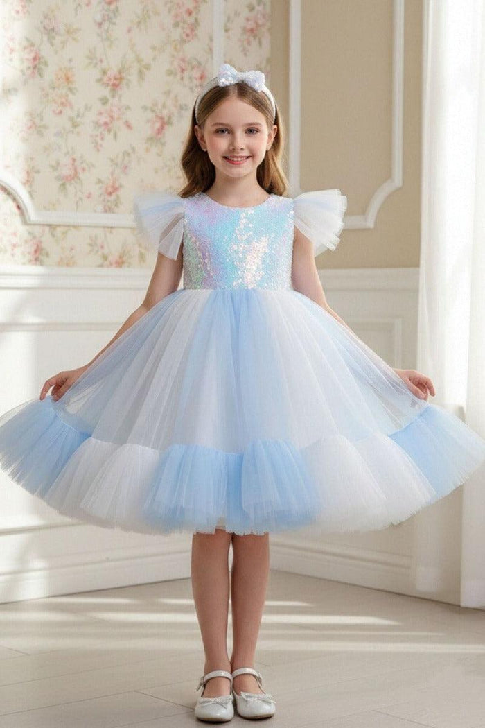 Ball Gown Flutter Sleeve Sequin Tulle Matching Bow Headband Flower Girl Dresses 1031506040712