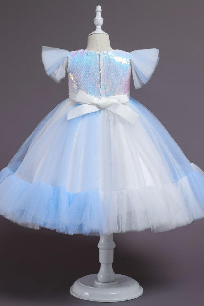 Ball Gown Flutter Sleeve Sequin Tulle Matching Bow Headband Flower Girl Dresses 1031506040712
