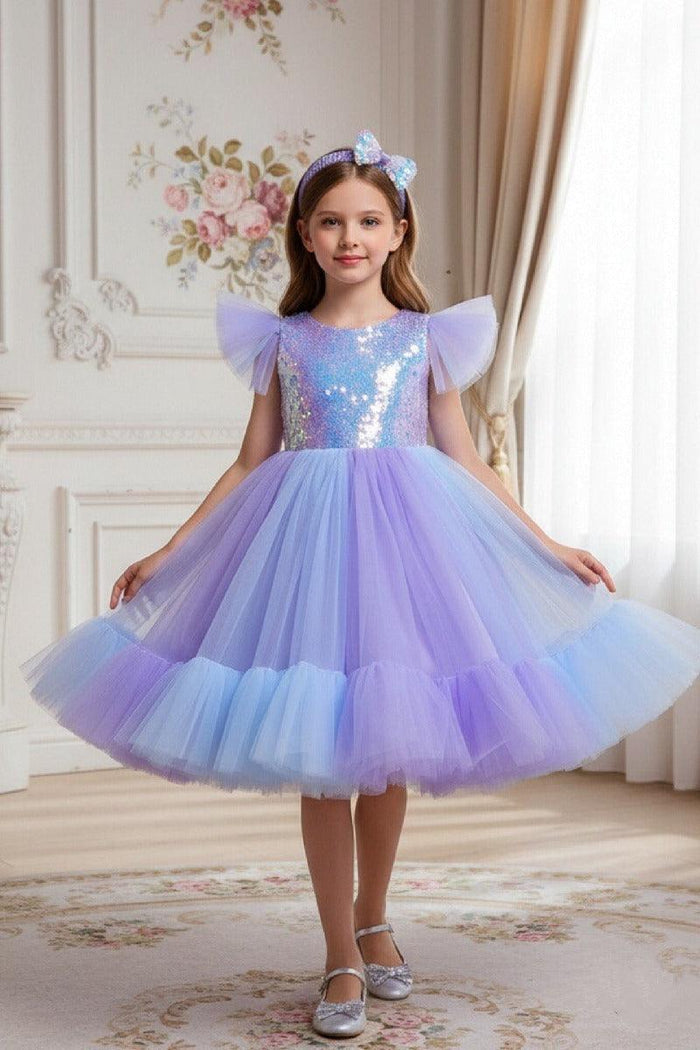 Ball Gown Flutter Sleeve Sequin Tulle Matching Bow Headband Flower Girl Dresses 1031506040712