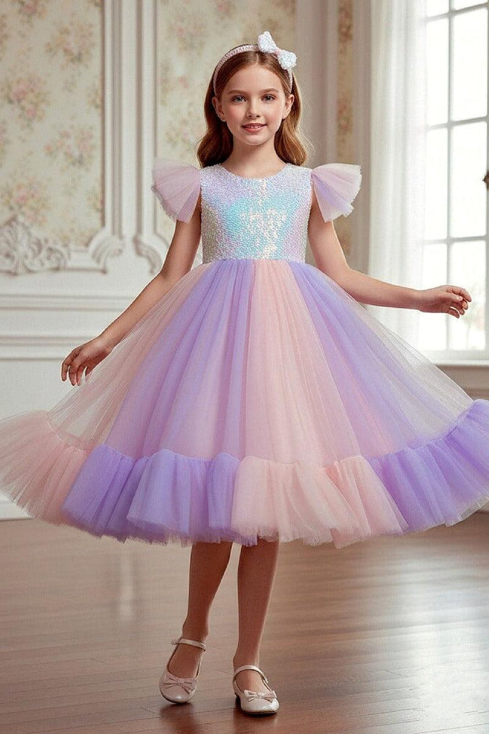 Ball Gown Flutter Sleeve Sequin Tulle Matching Bow Headband Flower Girl Dresses 1031506040712