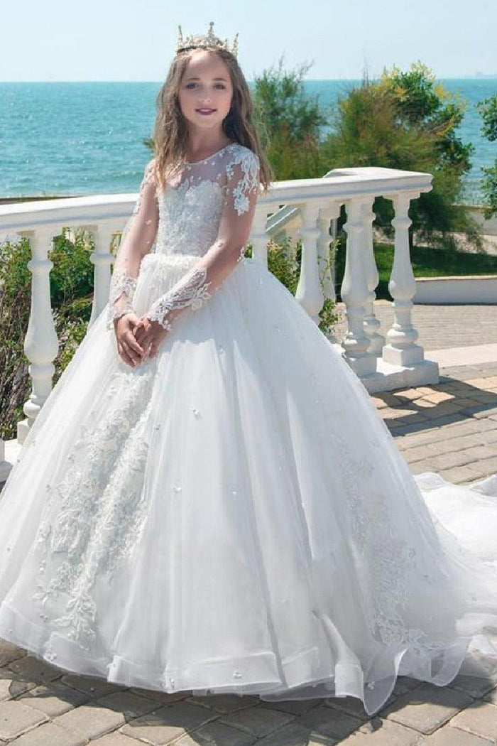 Ball Gown Illusion Lace Sleeves Tulle Sweep-Brush Train Flower Girl Dresses 618147584052