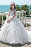 Ball Gown Illusion Lace Sleeves Tulle Sweep-Brush Train Flower Girl Dresses 618147584052