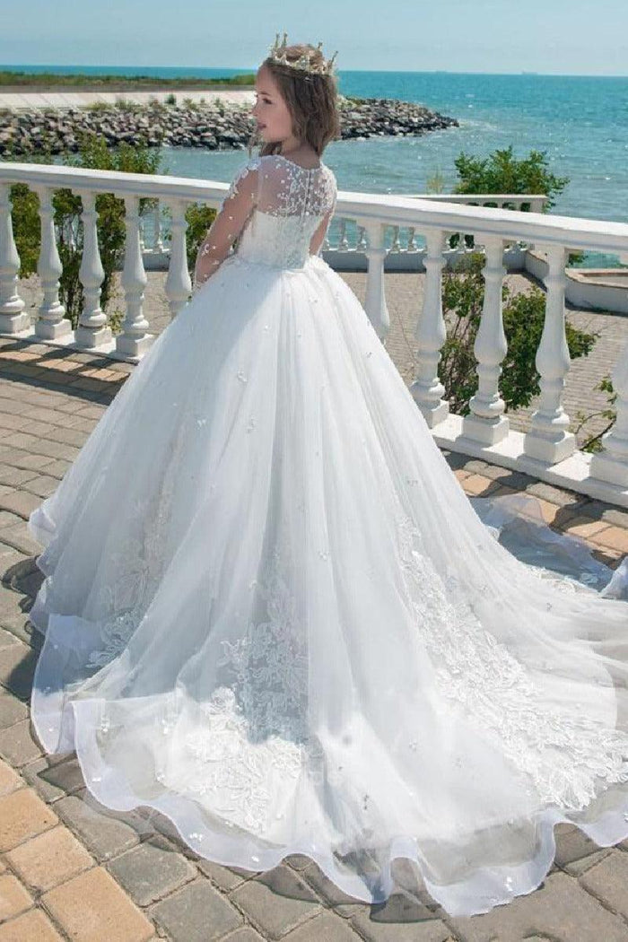 Ball Gown Illusion Lace Sleeves Tulle Sweep-Brush Train Flower Girl Dresses 618147584052