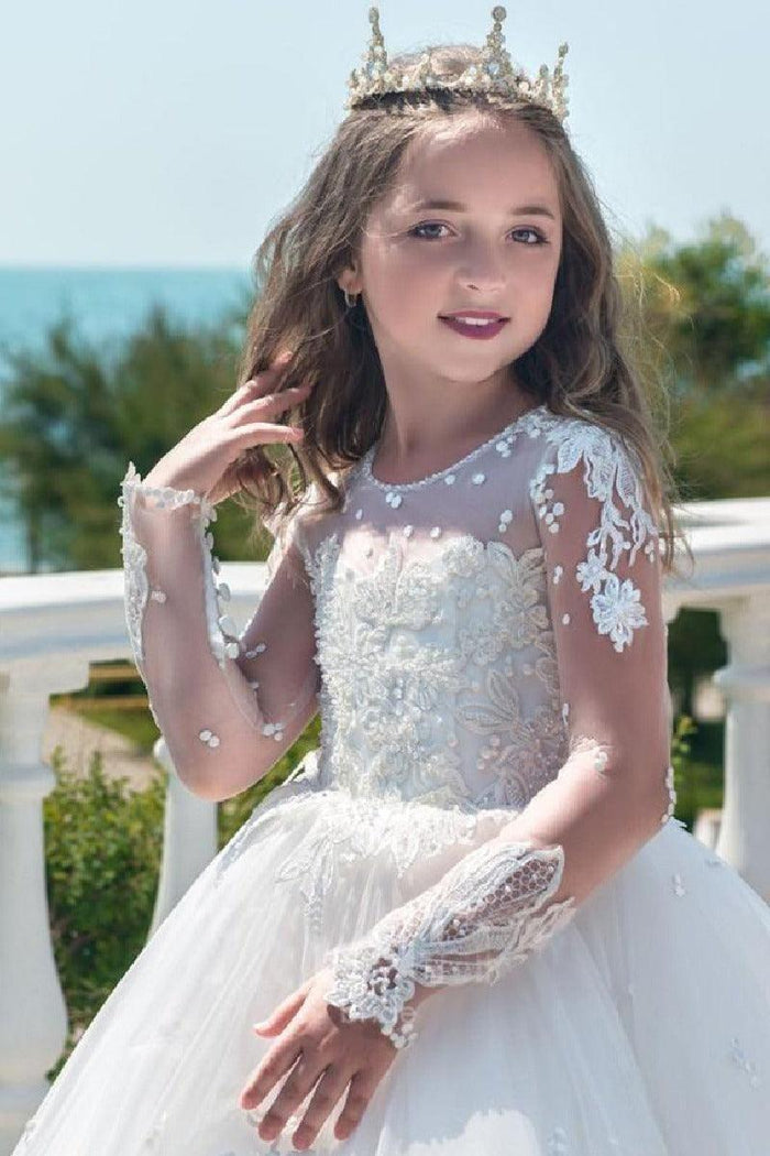 Ball Gown Illusion Lace Sleeves Tulle Sweep-Brush Train Flower Girl Dresses 618147584052
