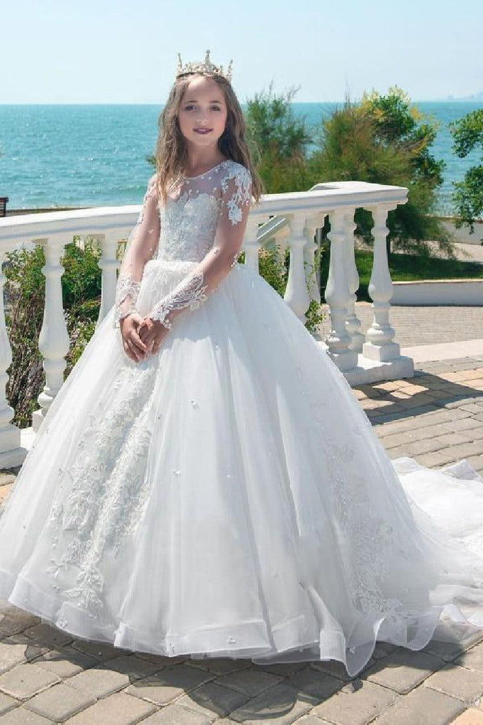 Ball Gown Illusion Lace Sleeves Tulle Sweep-Brush Train Flower Girl Dresses 618147584052