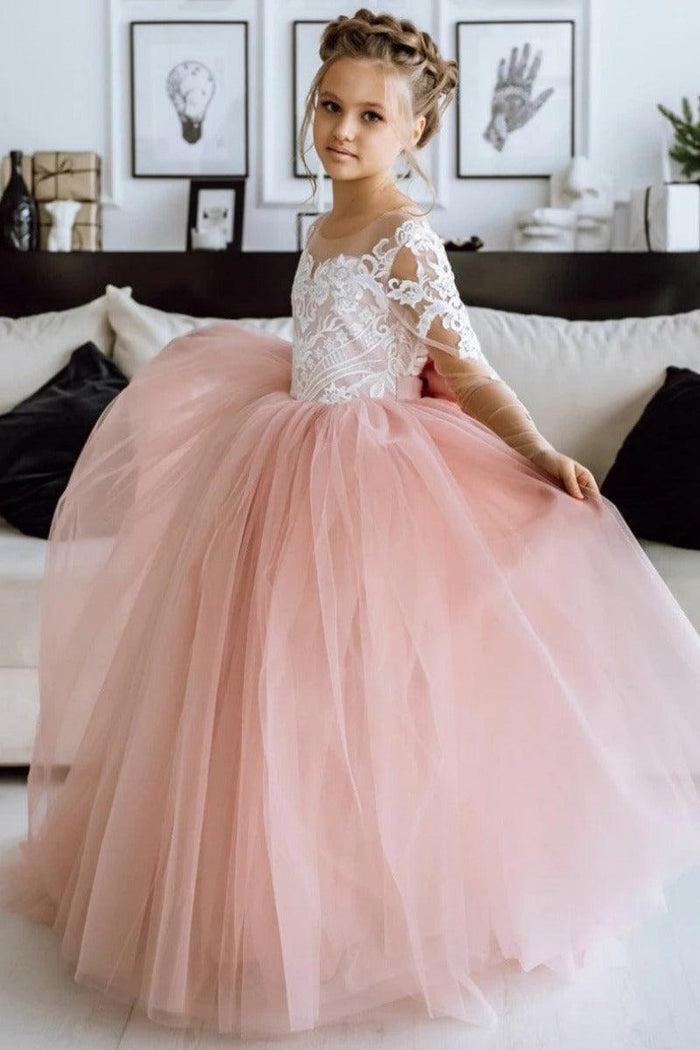 Ball Gown Illusion Long Sleeve Lace Flower Girl Dresses 901515341064