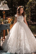 Ball Gown Illusion Neck Cap Sleeve Tulle Court Train Flower Girl Dresses 616972096505