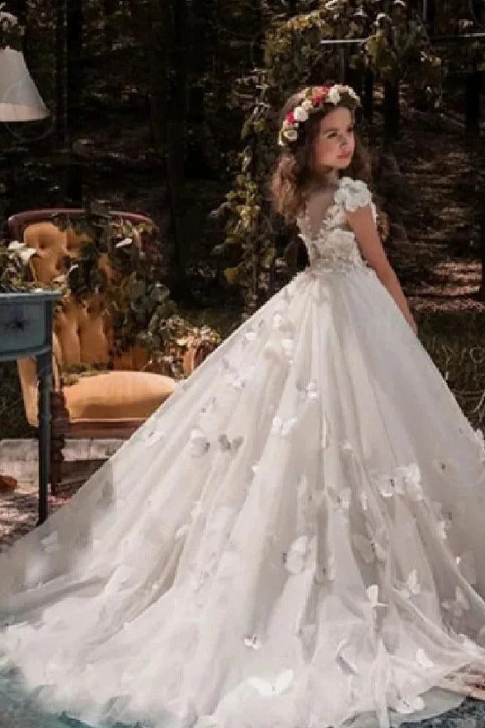 Ball Gown Illusion Neck Cap Sleeve Tulle Court Train Flower Girl Dresses 616972096505