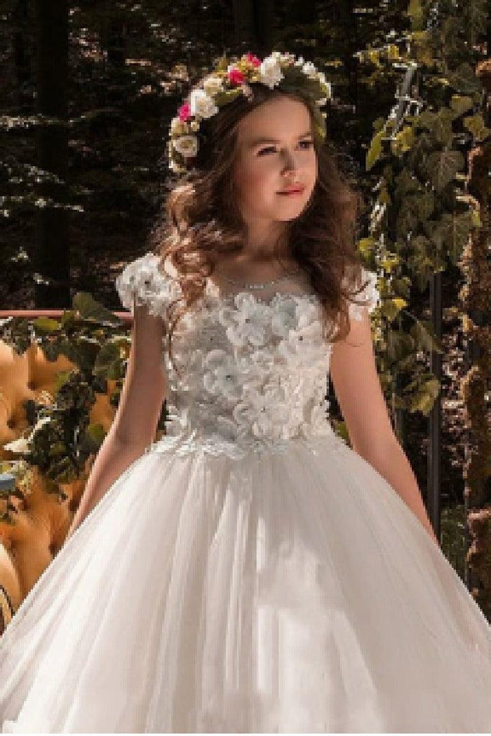 Ball Gown Illusion Neck Cap Sleeve Tulle Court Train Flower Girl Dresses 616972096505