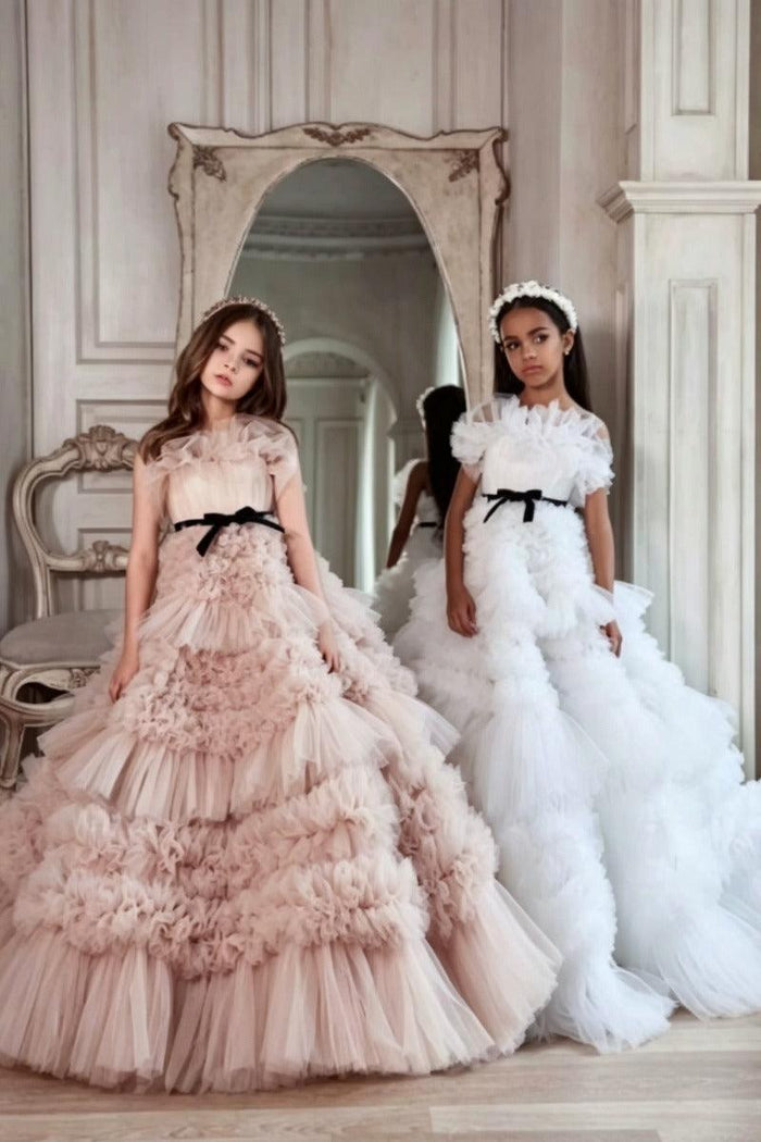 Ball Gown Layered Ruffle Tulle Floor Length Flower Girl Dresses 684633823219