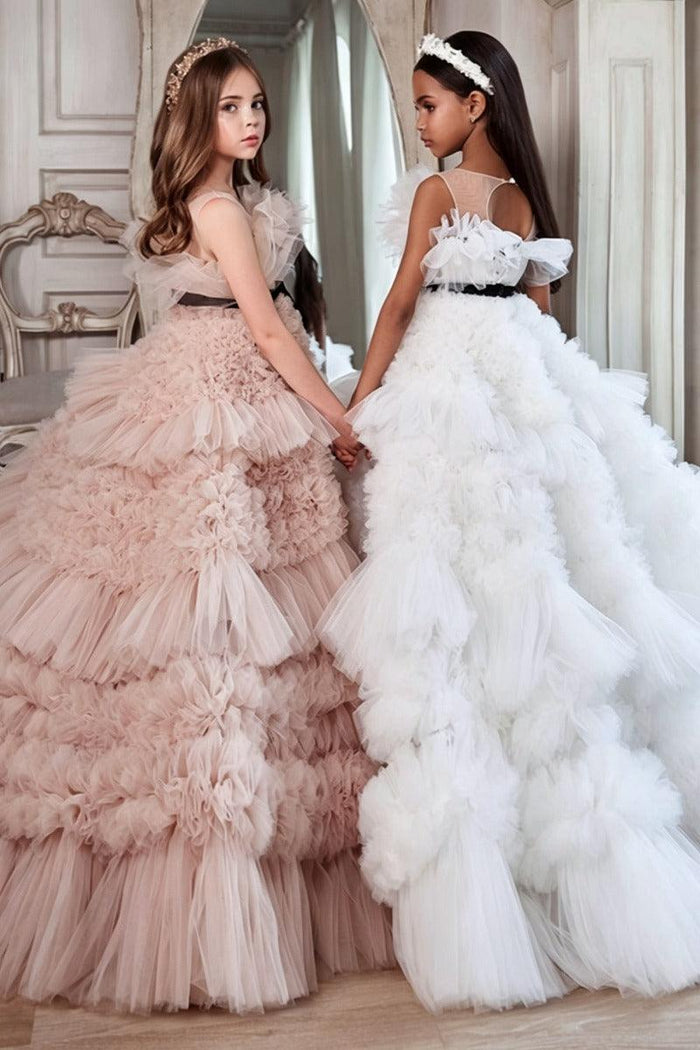 Ball Gown Layered Ruffle Tulle Floor Length Flower Girl Dresses 684633823219