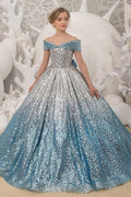 Ball Gown Off The Shoulder Ombre Sequin Floor Length Bow Flower Girl Dresses 617535045936