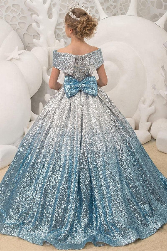 Ball Gown Off The Shoulder Ombre Sequin Floor Length Bow Flower Girl Dresses 617535045936