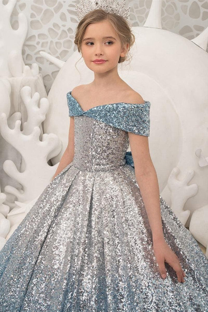 Ball Gown Off The Shoulder Ombre Sequin Floor Length Bow Flower Girl Dresses 617535045936
