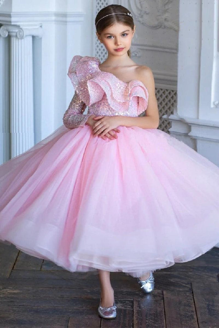 Ball Gown One Shoulder Ankle Length Tulle Ruffled Sequin Flower Girl Dresses 750104605618