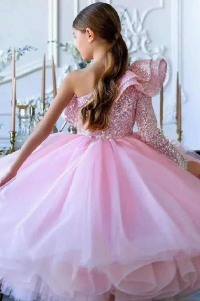 Ball Gown One Shoulder Ankle Length Tulle Ruffled Sequin Flower Girl Dresses 750104605618
