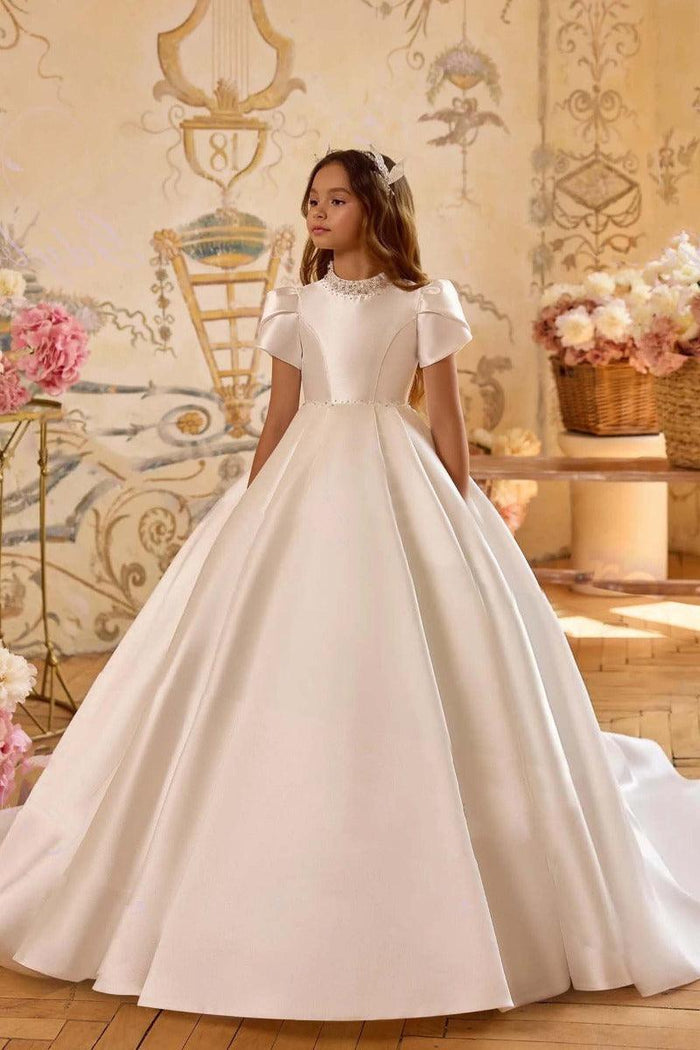 Beaded High Neck Satin Puff Sleeve Flower Girl Dresses 1024972137629