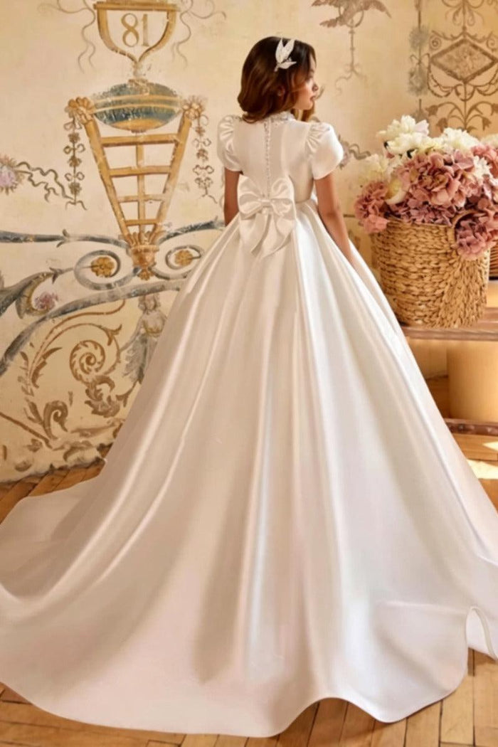 Beaded High Neck Satin Puff Sleeve Flower Girl Dresses 1024972137629