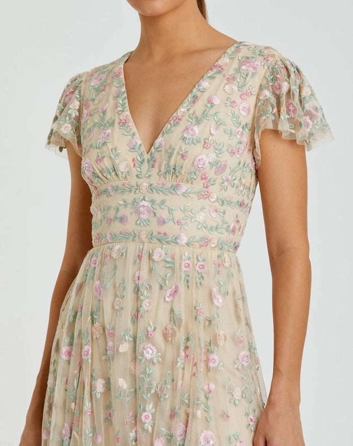 Beige Multicolor Embroidered V Neck Cap Sleeve Midi Dress - Mac Duggal