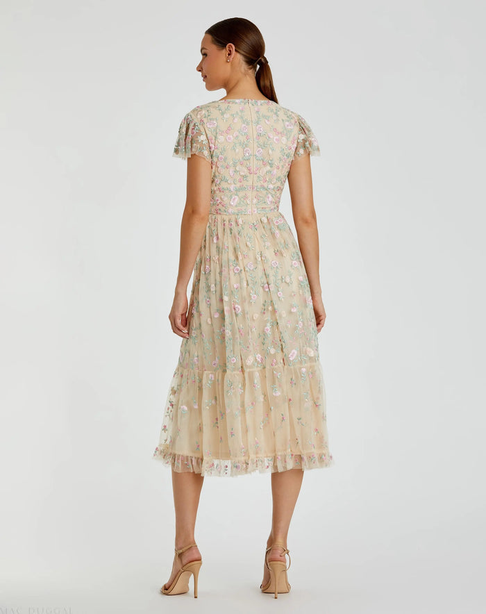 Beige Multicolor Embroidered V Neck Cap Sleeve Midi Dress - Mac Duggal