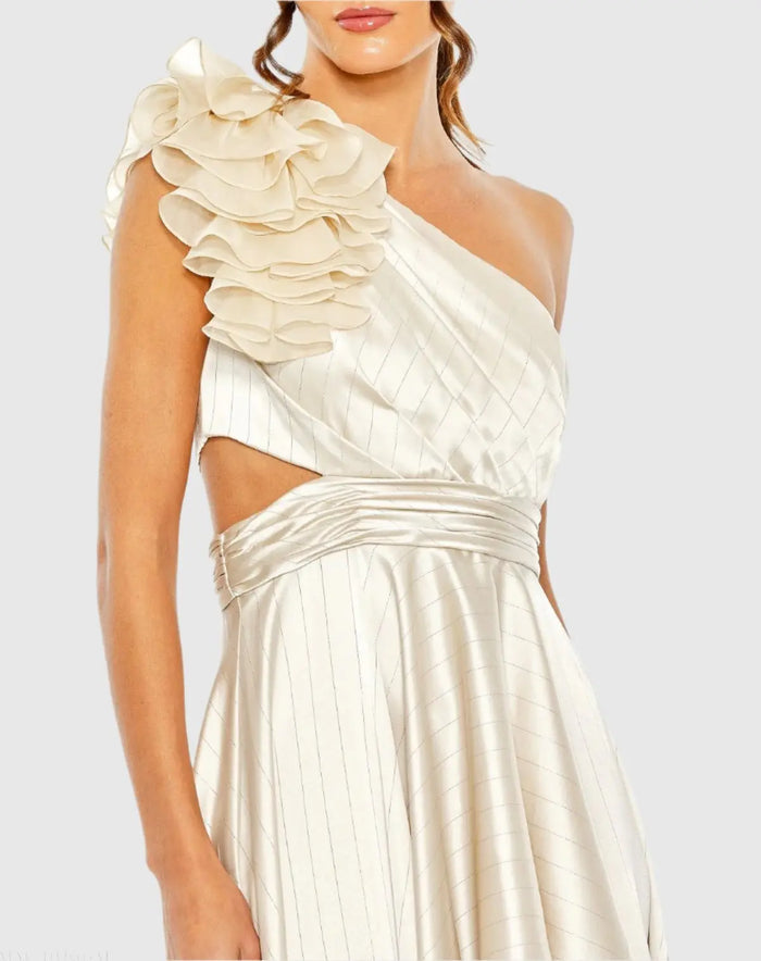 Beige Ruffled One Shoulder Cut Out Hi-Low Gown - Ieena for Mac Duggal