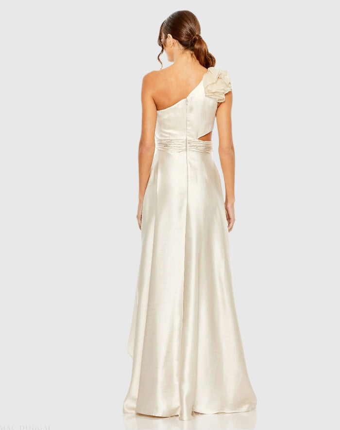 Beige Ruffled One Shoulder Cut Out Hi-Low Gown - Ieena for Mac Duggal