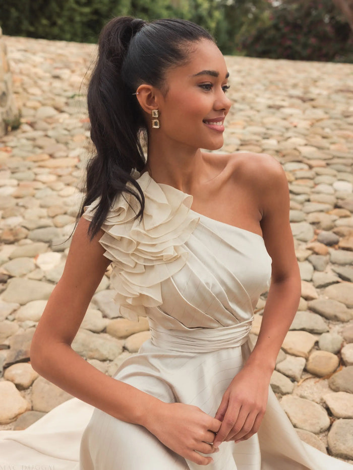 Beige Ruffled One Shoulder Cut Out Hi-Low Gown - Ieena for Mac Duggal