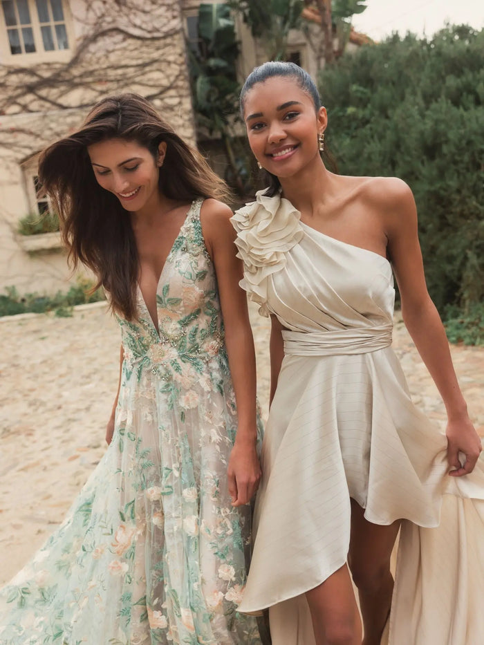 Beige Ruffled One Shoulder Cut Out Hi-Low Gown - Ieena for Mac Duggal
