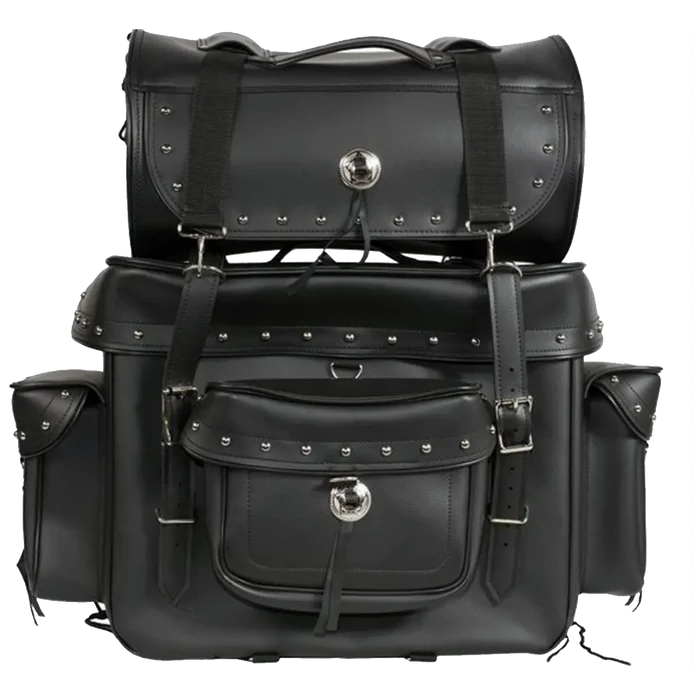 Large motorcycle sissy bar bag with studs, detachable top roll, multiple pockets, and buckle straps, measuring 17.5 x 8 x 25 inches.