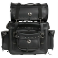 Large motorcycle sissy bar bag with studs, detachable top roll, multiple pockets, and buckle straps, measuring 17.5 x 8 x 25 inches.