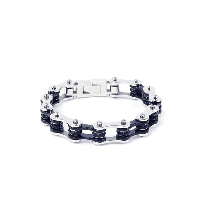Bk Link SS Bracelet W/Bk Stone: Features:

Black &amp; Silver Motorcycle Chain Bracelet
Polished stainless steel outer links