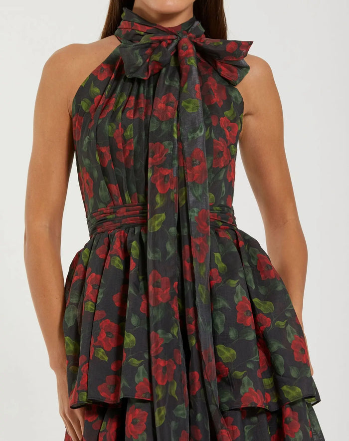 Black Floral Chiffon Tiered Midi Dress with Neck Bow Ieena for Mac Duggal