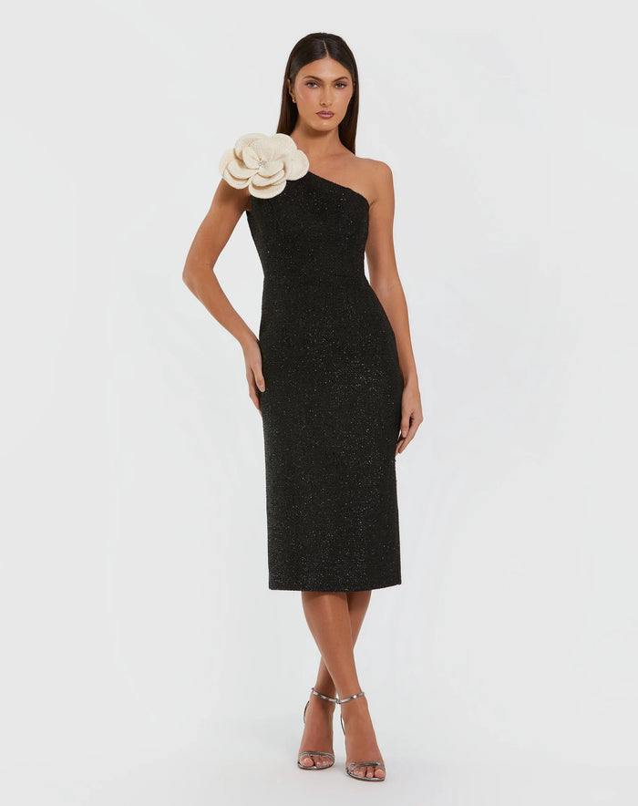 Black One Shoulder Boucle Midi Dress With 3D Flower - Ieena for Mac Duggal