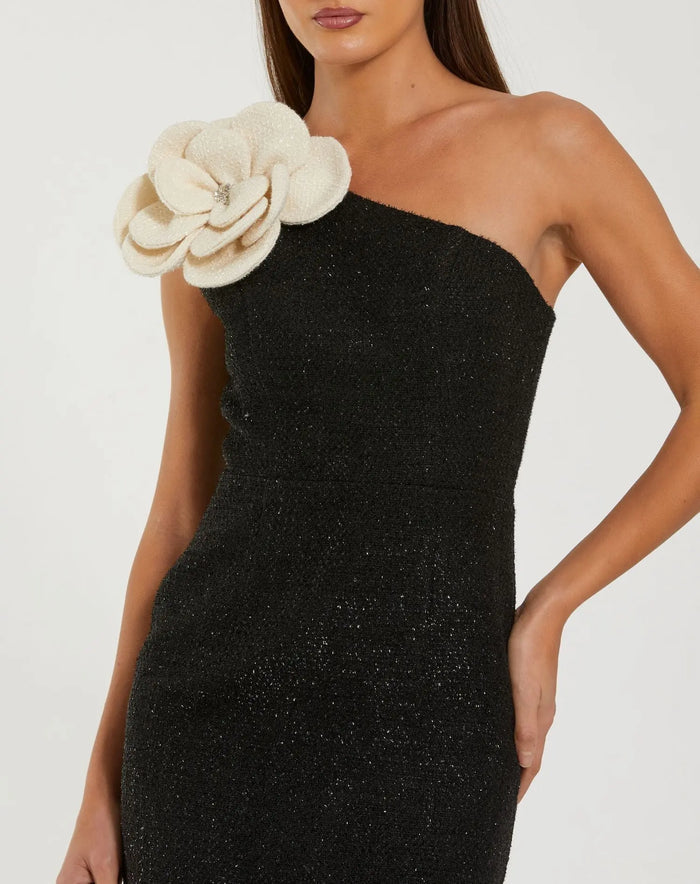 Black One Shoulder Boucle Midi Dress With 3D Flower Ieena for Mac Duggal