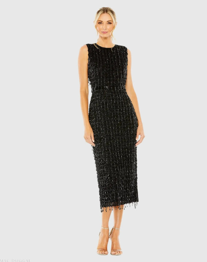 Black Sleeveless High Neck Beaded Midi Sheath Dress - Mac Duggal