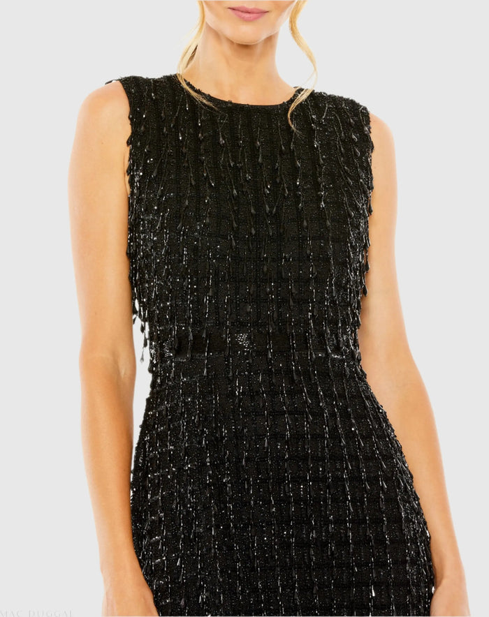 Black Sleeveless High Neck Beaded Midi Sheath Dress - Mac Duggal