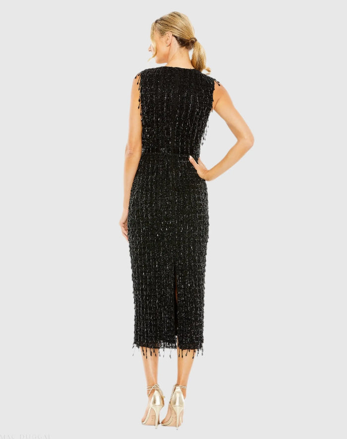 Black Sleeveless High Neck Beaded Midi Sheath Dress - Mac Duggal