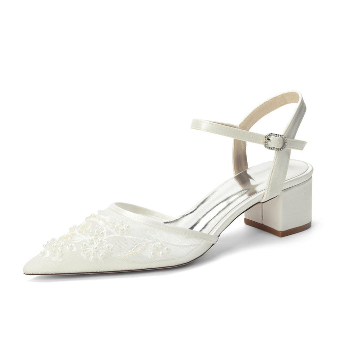 Block Heel 4.5cm Lace Silk-Like Pearl Embroidered Mesh Shoes CK0490