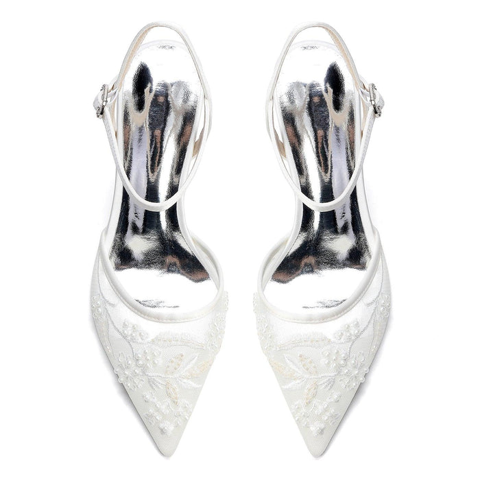 Block Heel 4.5cm Lace Silk-Like Pearl Embroidered Mesh Shoes CK0490