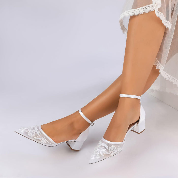 Block Heel 4.5cm Lace Silk-Like Pearl Embroidered Mesh Shoes CK0492